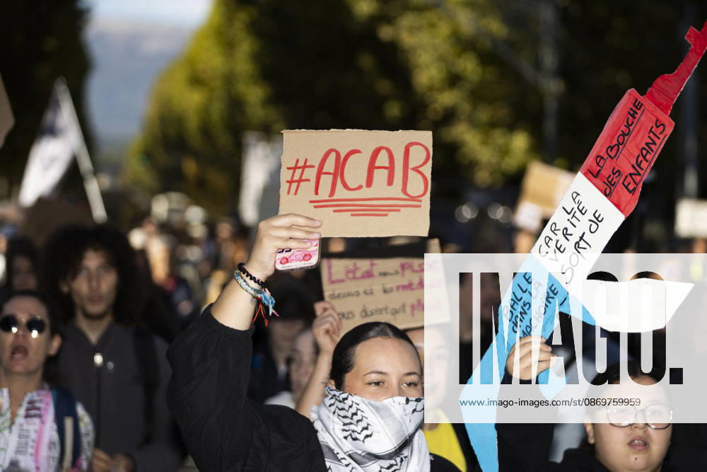 High Cost of Living Protest - Gap A demonstrator raises a placard reading ACAB during the march in Gap, France, on October 17, 2026. Other signs criticize police violence. Photo by Thibaut Durand ABACAPRESS.COM Gap Provence-Alpes-Cote d Azur France