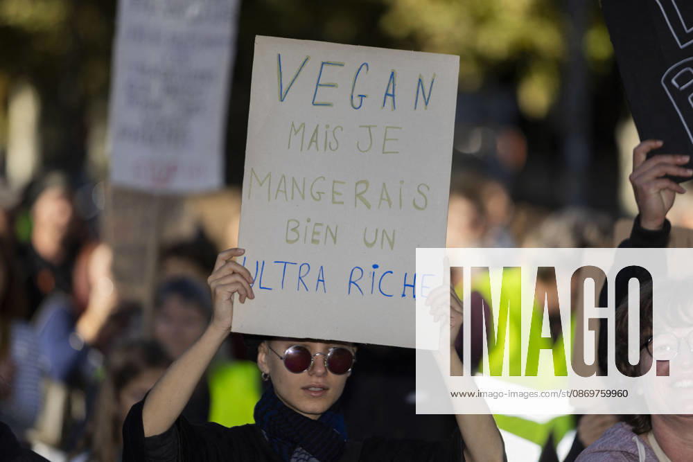 High Cost of Living Protest - Gap A demonstrator holds a sign reading Vegan mais je mangerais bien un ultra-riche ( Vegan, but I would gladly eat an ultra-rich person ) during the march in Gap, France, on October 17, 2026. Photo by Thibaut Durand ABACAPRESS.COM Gap Provence-Alpes-Cote d Azur France