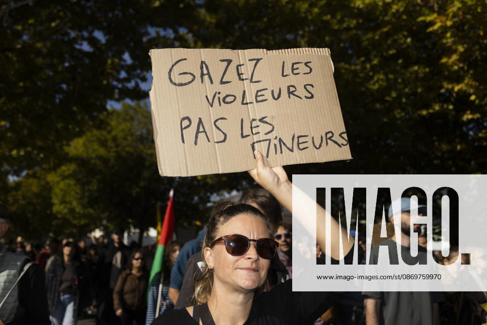 High Cost of Living Protest - Gap A demonstrator holds a sign reading Gazer les violeurs, pas les mineurs ( Tear-gas rapists, not minors ) during the march in Gap, France, on October 17, 2026. Photo by Thibaut Durand ABACAPRESS.COM Gap Provence-Alpes-Cote d Azur France