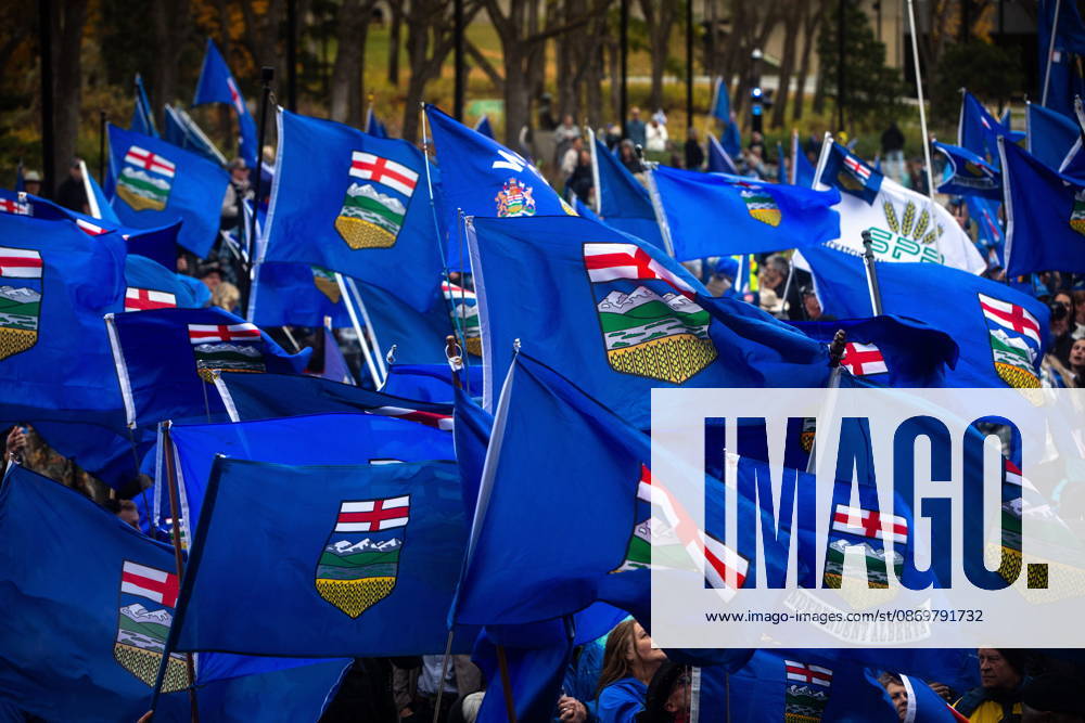 A sea of flags during an Alberta independence rally at the Alberta legislature, in Edmonton on Saturday, Oct. 17, 2026. Edmonton Canada - ZUMAc35_ 20261017_zaf_c35_044