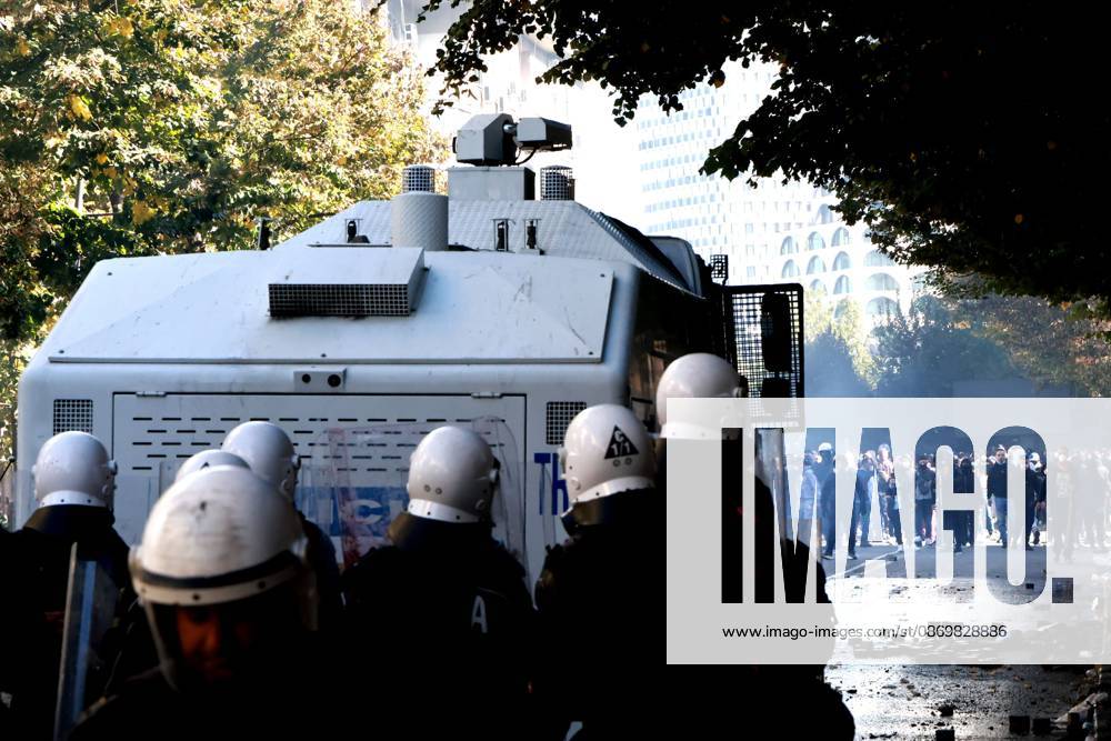 Tirana Clashes Enter Fifth Day TIRANA, ALBANIA, OCTOBER 17, 2026: Demonstrators clash with riot police outside the Ministry of Education during student-led anti-government protests in Tirana. Police deploy tear gas as protesters throw stones during a fifth consecutive day of unrest. Demonstrators demand improved university conditions and the resignation of Prime Minister Edi Rama. Tirana Albania