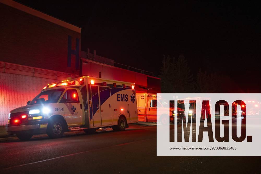 Emergency crews and military personnel at the Wainwright Health Centre as injured military members are treated after a fire at CFB Wainwright, outside of Wainwright, Alta., on Saturday, Oct. 17, 2026. Wainwright Canada - ZUMAc35_ 20261017_zaf_c35_151