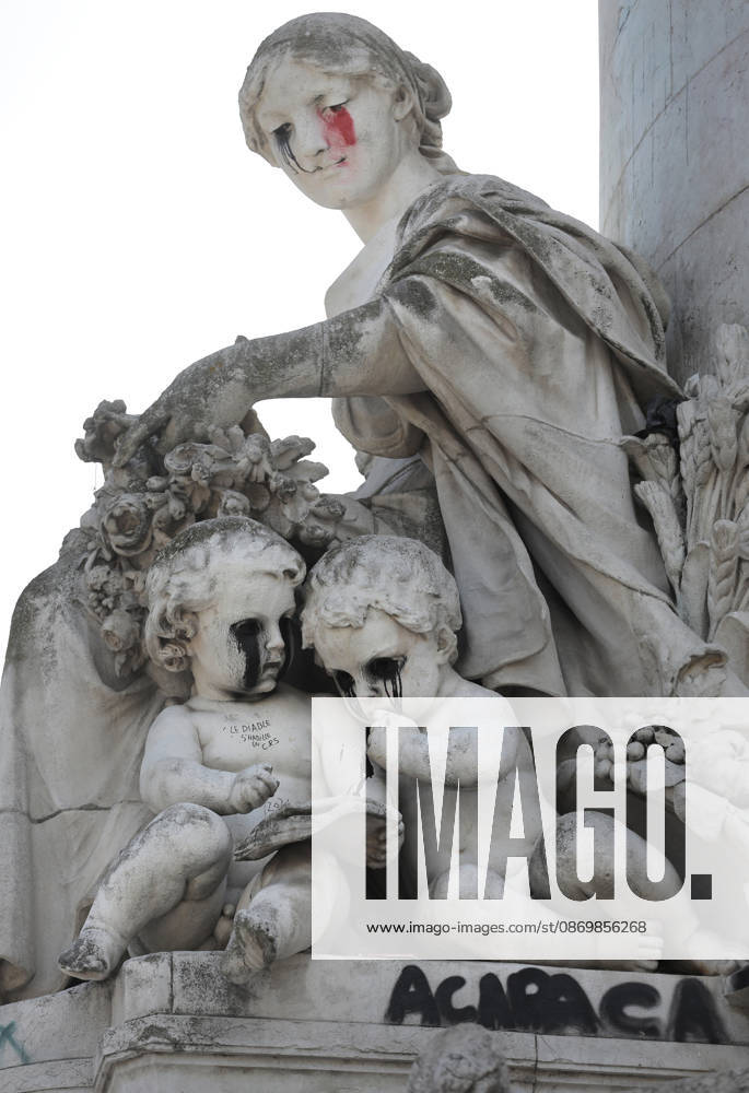 The eyes of the two children symbolizing knowledge at the foot of the statue of Fraternity have been blacked out at Republique Square in Paris, on Sunday, October 18, 2026. Residents awoke to scenes of widespread damage with shopfronts shattered, burnt out cars, charred bikes, and piles of glass and debris on the pavements of the French capital a day after riots erupted during protests against rising fuel prices, the cost of living and deteriorating public services, including schools. PAR20261018105 MAYAxVIDON-WHITE