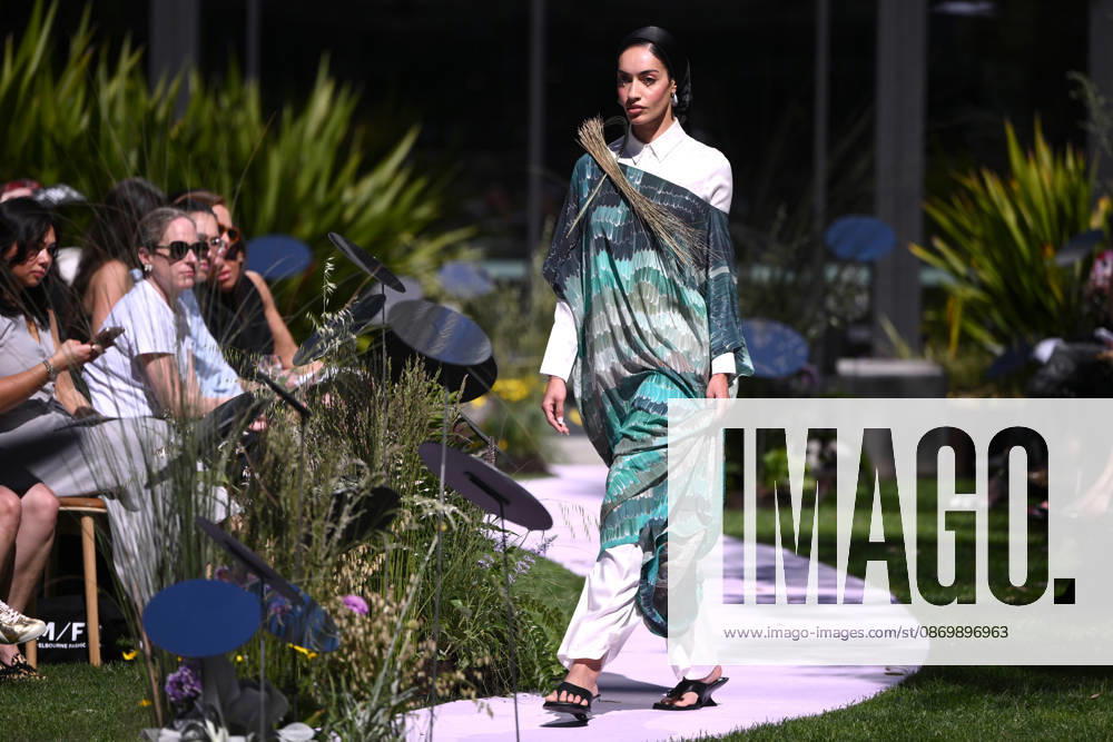 MELBOURNE FASHION WEEK PREVIEW, A model walks the runway during a 2026 Melbourne Fashion Week Runway Preview, at Sky Park, Melbourne, Monday, October 19, 2026. The preview features a selection of the upcoming collections that will appear on M FW runways including designers OUT OF HAND x Lisa Waup, Ebony Noire, Van Ermel Scherer, Perple, Gotham, Wilson Jedd Adams, Asiyam, Atoir, NGALI, Kuwaii, HoMie, Collective Closets x Mariam Farah, TOJHÃÄ, Amy Cottrell, BAAQIY and Sean Rentero. ( NO ARCHIVING MELBOURNE VICTORIA Australia
