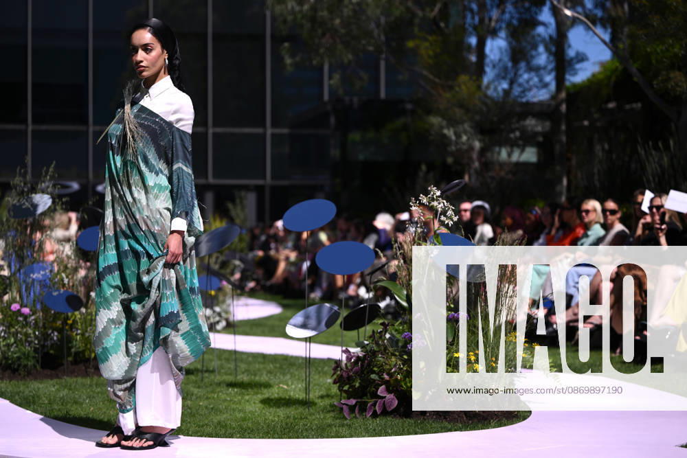 MELBOURNE FASHION WEEK PREVIEW, A model walks the runway during a 2026 Melbourne Fashion Week Runway Preview, at Sky Park, Melbourne, Monday, October 19, 2026. The preview features a selection of the upcoming collections that will appear on M FW runways including designers OUT OF HAND x Lisa Waup, Ebony Noire, Van Ermel Scherer, Perple, Gotham, Wilson Jedd Adams, Asiyam, Atoir, NGALI, Kuwaii, HoMie, Collective Closets x Mariam Farah, TOJHÃÄ, Amy Cottrell, BAAQIY and Sean Rentero. ( NO ARCHIVING MELBOURNE VICTORIA Australia