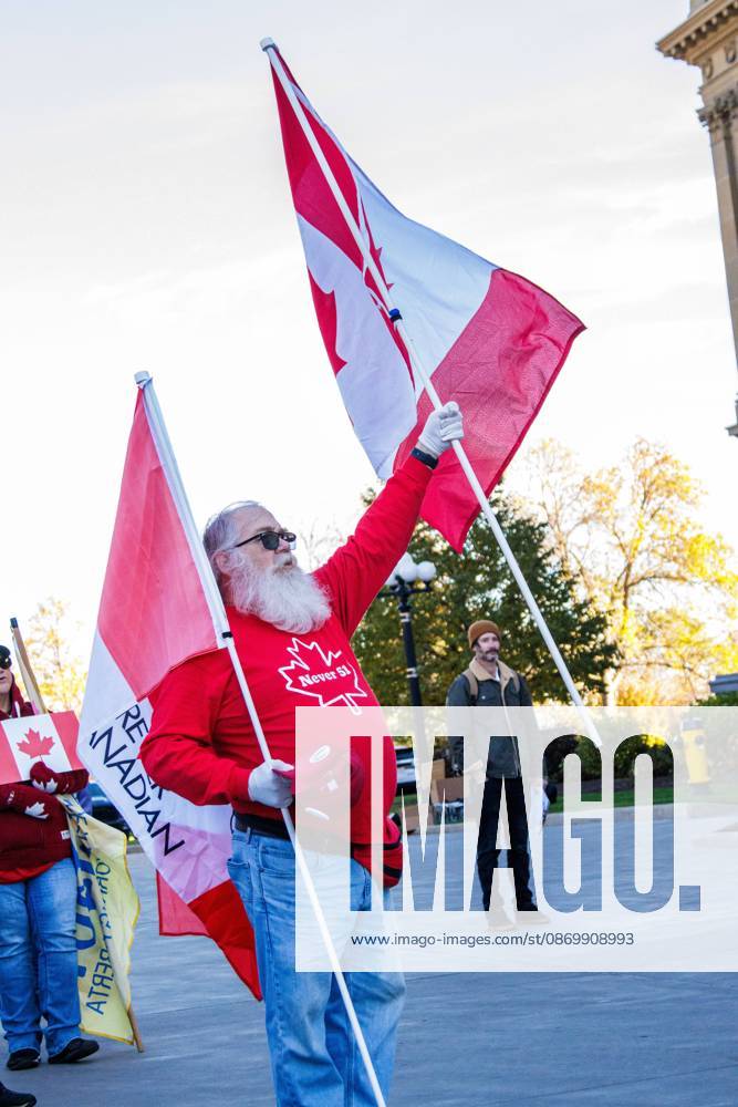 A supporter displays their Canadian flags at the Alberta Federation of Labour s Canada Unity Rally ahead of the Alberta Referendum..With less than 24 hours until Referendum voting starts, the Alberta Federation of Labour and Fight Back supporters rallied at the Alberta Legislature grounds to support a Unified Alberta in Canada and oppose the prospect of separation from Canada. The group is opposed to the 9 other questions on the Alberta referendum ballots. Edmonton Canada - ZUMAs197 20261018_aaa_s197_662
