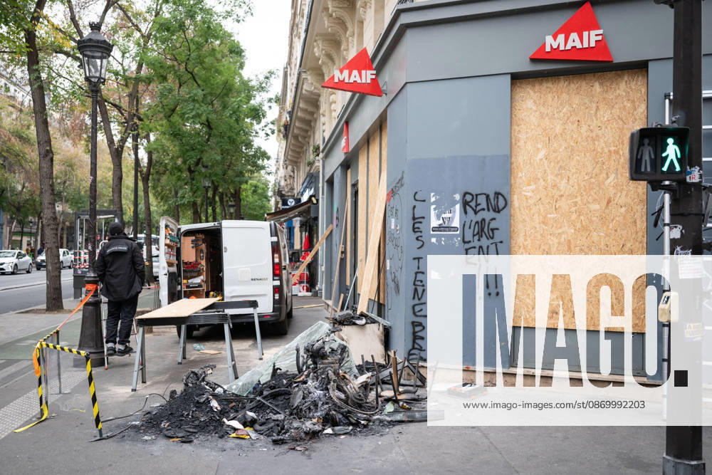 Shops Looted After the October 17th Demonstration - Paris AJ This photo shows the Maif at the Boulevard de Magenta store after it has been looted, ransacked, and vandalized on October 19, 2026 two days after riots and looting occurred (pillage) on the sidelines of nationwide cost-of-living demonstrations. Photo by Alexis Jumeau ABACAPRESS.COM Paris France