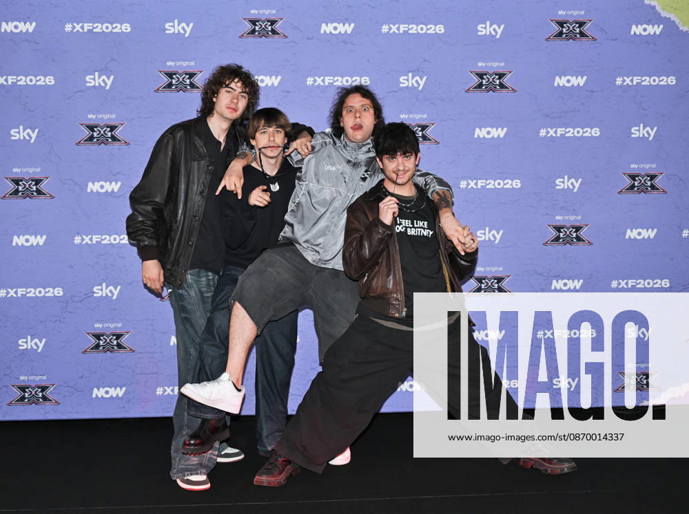 IPA89928006 - Milan, Italy: X Factor 2026 photocall featuring the 12 official contestants FRANCESCO GABBANI S TEAM In the photo: Scraffs (Dario Aveotti, Leonardo Randazzo, Daniel Jon Stephens, Cristian Basile)