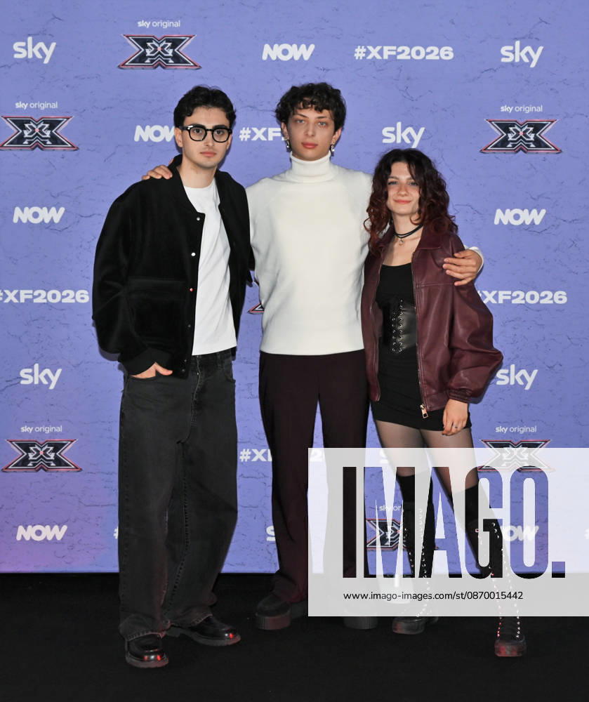 IPA89927953 - Milan, Italy: X Factor 2026 photocall featuring the 12 official contestants IRAMA S TEAM In the photo: Le Distanze (Andrea Manuel Pagella, Saverio Campese, Corinna Lanari)