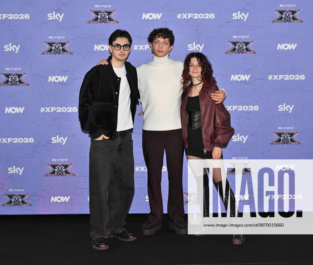 IPA89927956 - Milan, Italy: X Factor 2026 photocall featuring the 12 official contestants IRAMA S TEAM In the photo: Le Distanze (Andrea Manuel Pagella, Saverio Campese, Corinna Lanari)