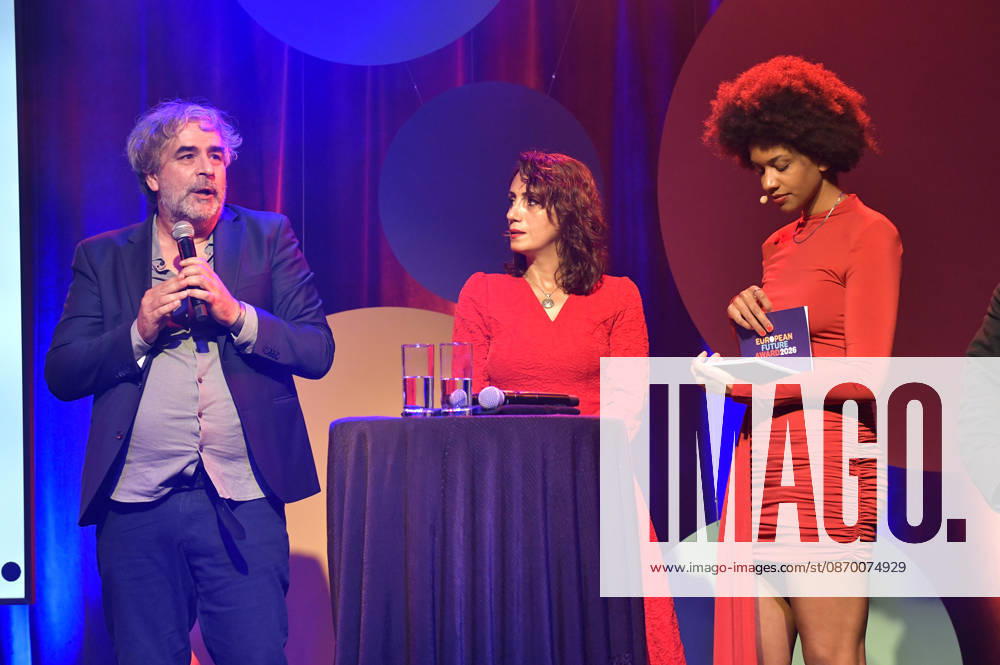 Deniz Yücel, Meral Simsek und Diona Bathily bei der Verleihung des European Future Award 2026 im Tipi am Kanzleramt. Berlin