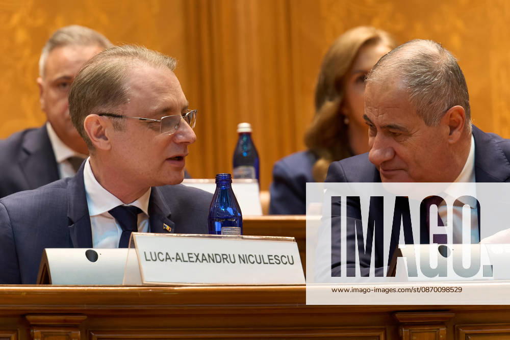 Luca Niculescu New Romanian Prime Minister Vote in Paliament Bucharest, Romania. 20th Oct, 2026: Luca Niculescu (L), prime minister‘designate, speaks with Marian Neacsu (R) during the vote on his cabinet in the Romanian Parliament. Bucharest Romania