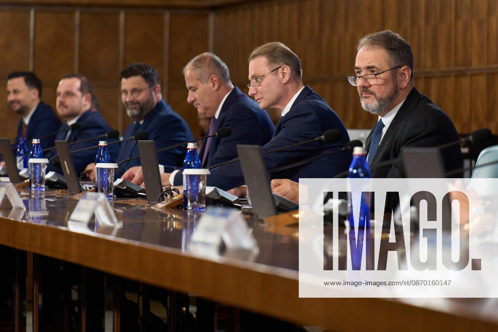 Bucharest, Romania. 20th Oct, 2026: Luca Niculescu, Prime Minister of Romania, leads the government meeting at Victoria Palace, the Romanian Government headquarters. Bucharest Romania
