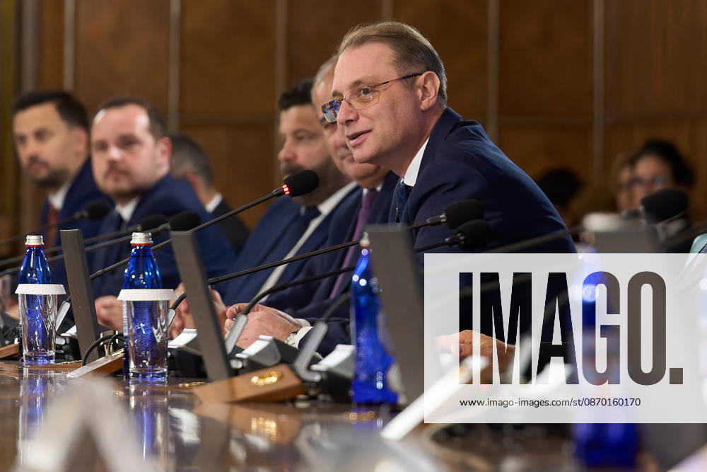 Bucharest, Romania. 20th Oct, 2026: Luca Niculescu, Prime Minister of Romania, leads the government meeting at Victoria Palace, the Romanian Government headquarters. Bucharest Romania