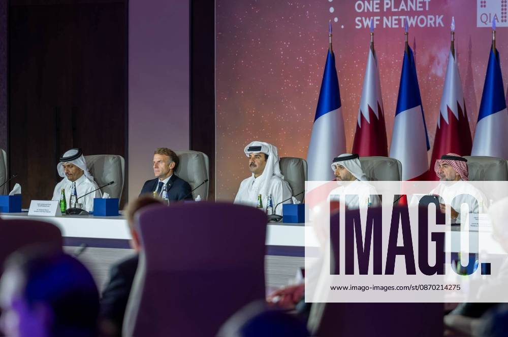 Qatar s Emir and French President Attend One Planet Sovereign Wealth Funds Summit Qatar s Emir Sheikh Tamim bin Hamad Al Thani and French President Emmanuel Macron attend the ninth edition of the One Planet Sovereign Wealth Funds (OPSWF) CEO Summit at the Rosewood Hotel in Qatar, on October 21, 2026. Photo by Emiri Diwan Office apaimages Doha Doha Qatar 211026_Qatar_QPO_00(3)