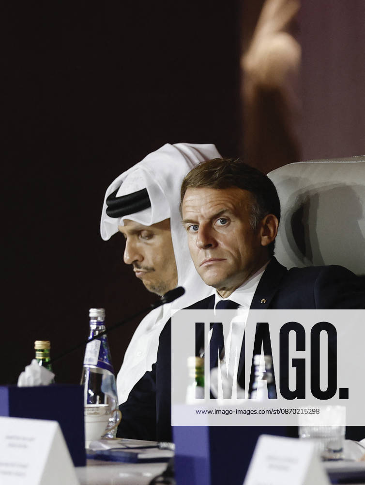 President Macron At The Opswf Summit During His Visit To Qatar French President Emmanuel Macron looks on alongside Qatari Prime Minister Sheikh Mohammed bin Abdulrahman Al Thani, as they attend the 9th Annual One Planet Sovereign Wealth Funds (OPSWF) Summit at the Rosewood Hotel in Lusail, Qatar, October 21, 2026. Photo by Benoit Tessier Pool ABACAPRESS.COM Lusail Qatar