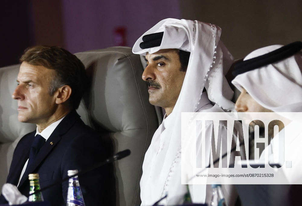 President Macron At The Opswf Summit During His Visit To Qatar Qatar s Emir Sheikh Tamim bin Hamad Al Thani reacts alongside French President Emmanuel Macron as they attend the 9th Annual One Planet Sovereign Wealth Funds (OPSWF) Summit at the Rosewood Hotel in Lusail, Qatar, October 21, 2026. Photo by Benoit Tessier Pool ABACAPRESS.COM Lusail Qatar