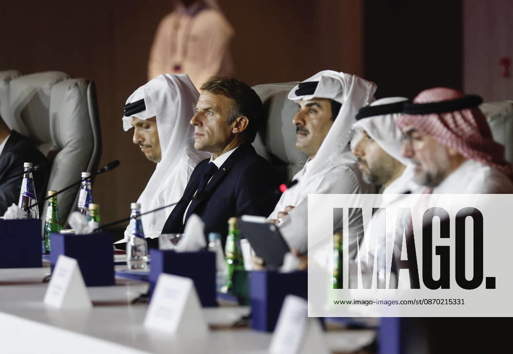 President Macron At The Opswf Summit During His Visit To Qatar Qatar s Emir Sheikh Tamim bin Hamad Al Thani, Qatari Prime Minister Sheikh Mohammed bin Abdulrahman Al Thani and French President Emmanuel Macron attend the 9th Annual One Planet Sovereign Wealth Funds (OPSWF) Summit at the Rosewood Hotel in Lusail, Qatar, October 21, 2026. Photo by Benoit Tessier Pool ABACAPRESS.COM Lusail Qatar