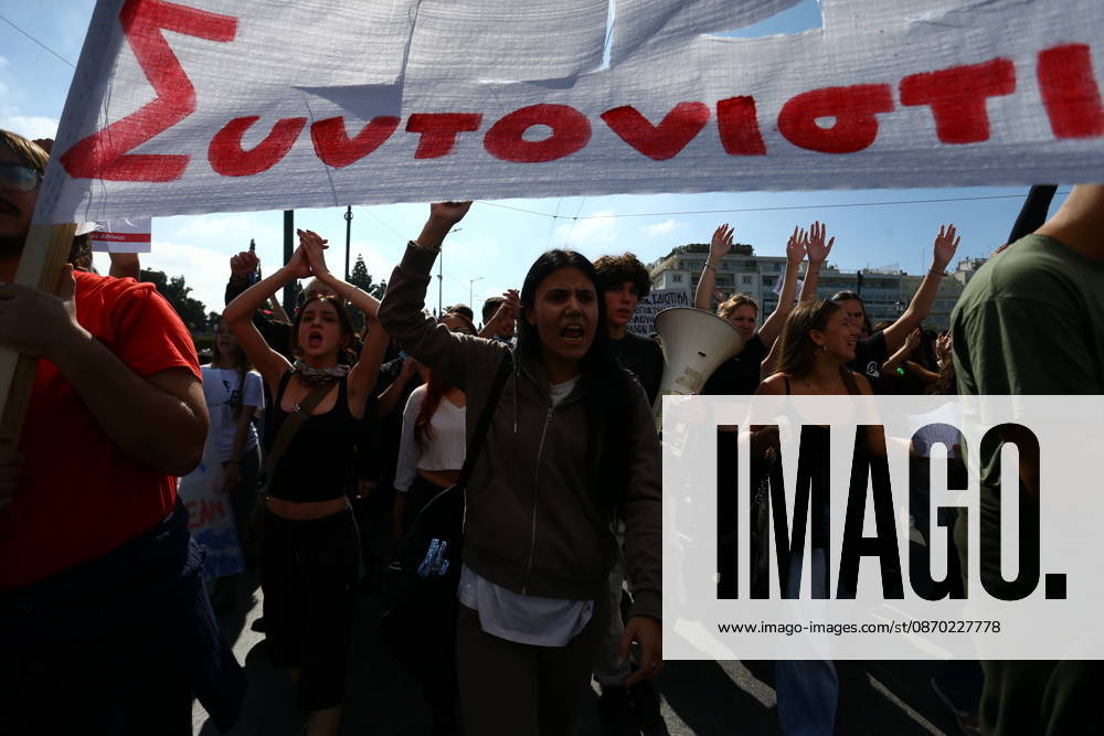Students, university students and teachers take part in a nationwide education protest in central Athens on Wednesday, October 21, 2026. Demonstrators gather at the Propylaea and march through the city centre, calling for better school conditions, increased public education funding, and measures to address the rising cost of studying and student housing...Protesters demand the recruitment of more teachers, safer school buildings, improved student support and affordable accommodation, as similar demonstrations take place in cities across Greece. Athens Greece - ZUMAv62_ 20261021_zaf_v62_012