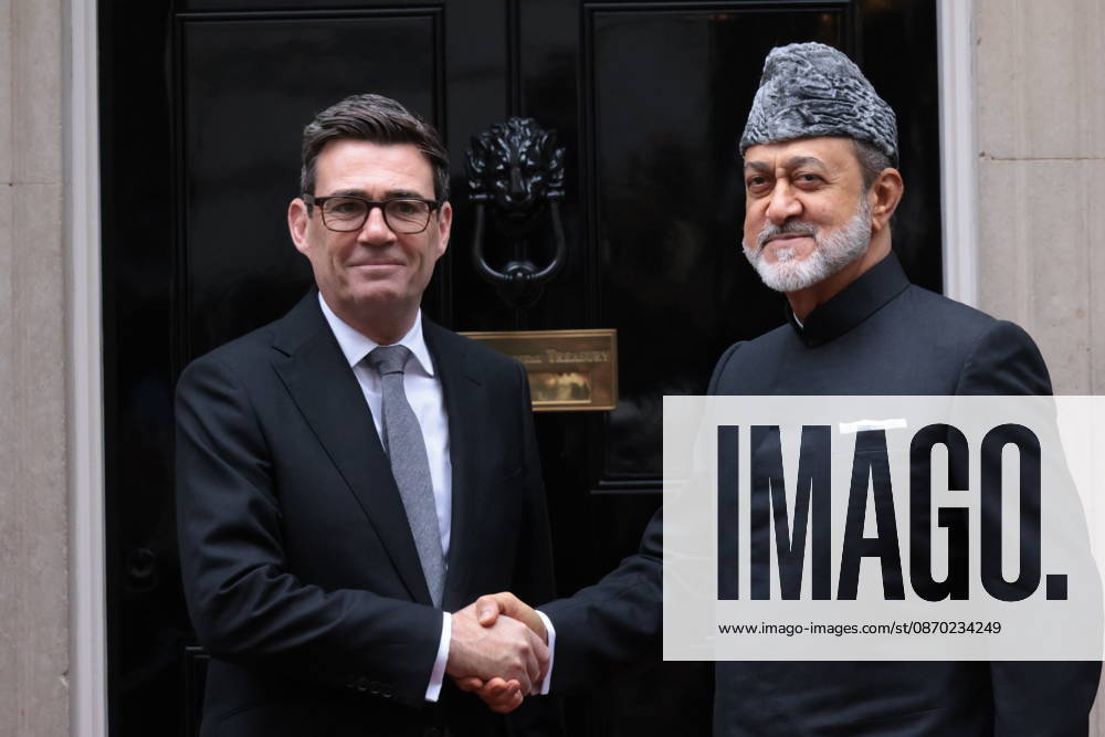 London, United Kingdom. Andy Burnham Welcomes Haitham bin Tarik to No.10.. Prime Minister Andy Burnham welcomes His Majesty Haitham bin Tarik, Sultan and Prime Minister of Oman, to Downing Street.