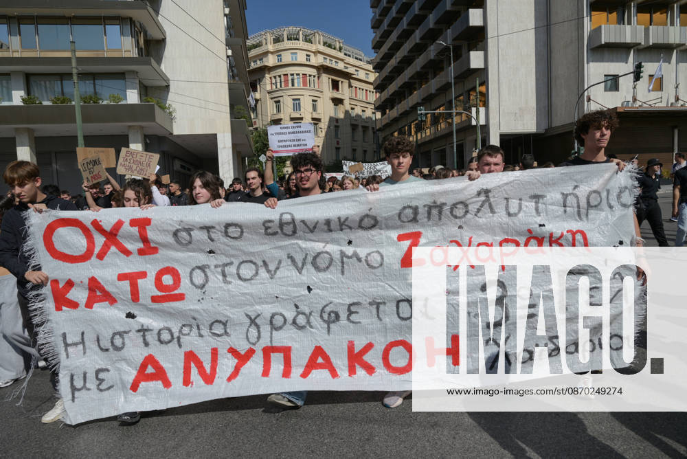 Students and teachers protest over education funding and living costs in Athens Students march through central Athens holding a banner during a demonstration demanding increased funding for public education and measures to address rising living costs. Athens Greece