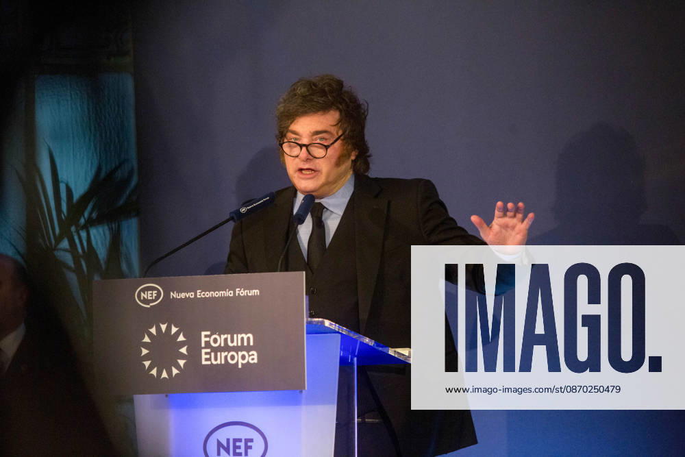 Javier Milei, President of Argentina visits Madrid - 21 Oct 2026 Javier Milei, President of Argentina, speaks to the audience from the podium during a breakfast briefing at the Foro de la Nueva Economía (New Economy Forum) in Madrid, where he is a featured guest. Madrid Spain