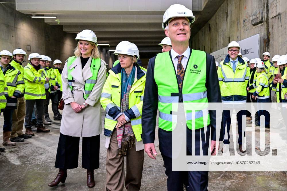 Acting Antwerp mayor Els Van Doesburg; Flemish Minister Annick De Ridder; Antwerp province governor Cathy Berx and King Philippe - Filip of Belgium pictured during a royal visit to the Oosterweel construction site on Wednesday 21 October 2026 in Antwerp. The Oosterweelverbinding is a major infrastructure and urban renewal project designed to close the northern section of the Antwerp Ring Road (R1). DIRKxWAEM 190515788