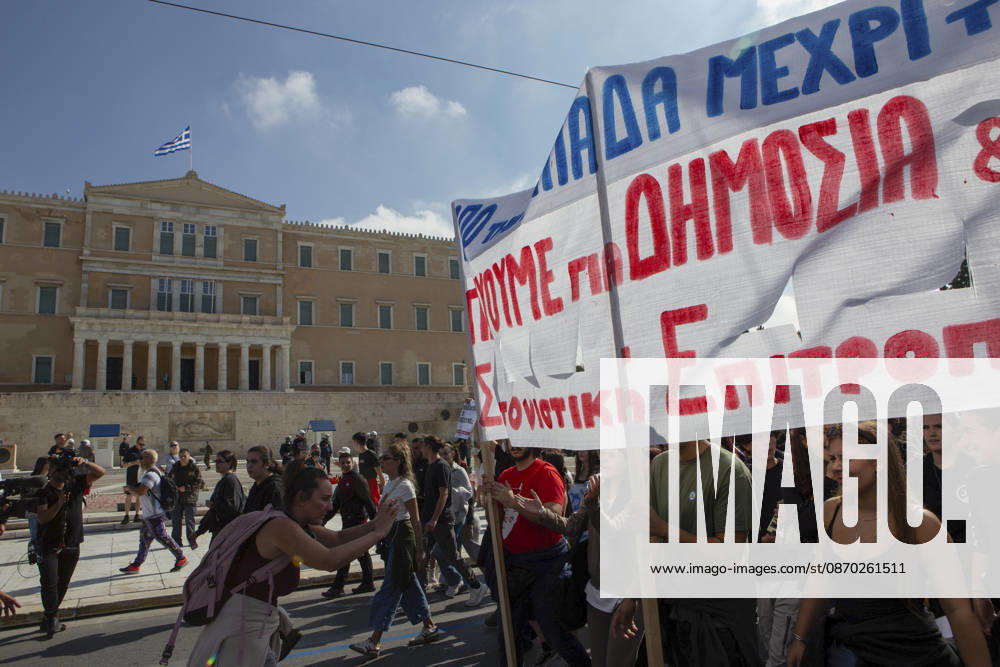 Athens Greece Living Costs Protest Protesters carry a banner reading Public Education Until the End during a rally in Athens, Greece on October 21, 2026. Students and other demonstrators marched through central Athens to protest rising living costs and economic pressures. Organizers say the concerns raised by participants echo grievances voiced during recent demonstrations in France. Athens Attica Greece