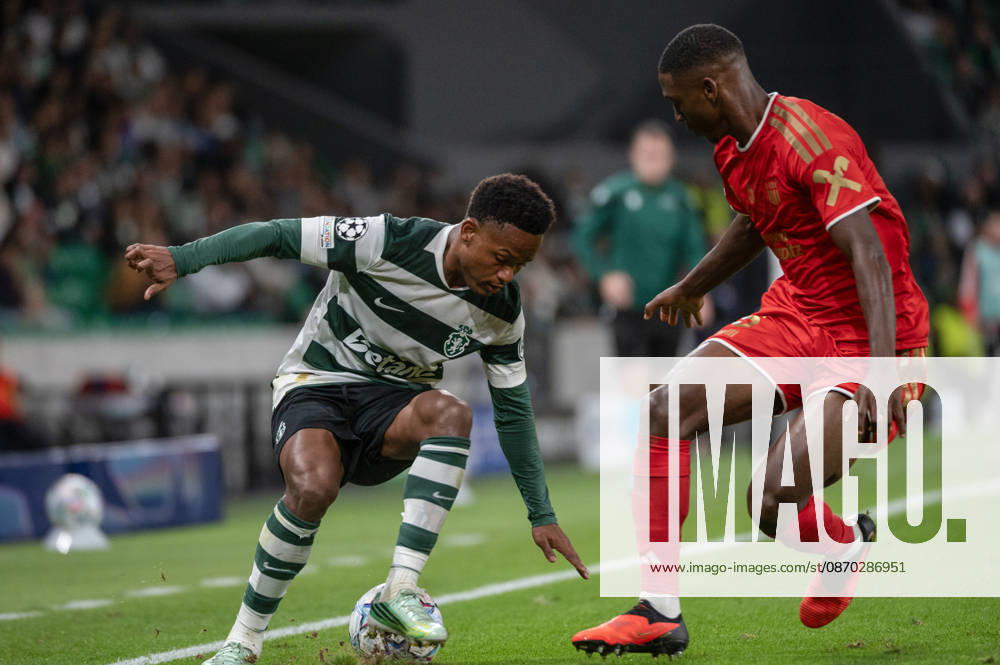 Sporting CP forward GENY CATAMO controls the ball under pressure from LASK defender YVAN DIBANGO during their UEFA Champions League league phase matchday three match at Estadio Jose Alvalade in Lisbon, Portugal, on October 21, 2026. Lisbon Portugal - ZUMAr238 20261021_zip_r238_040