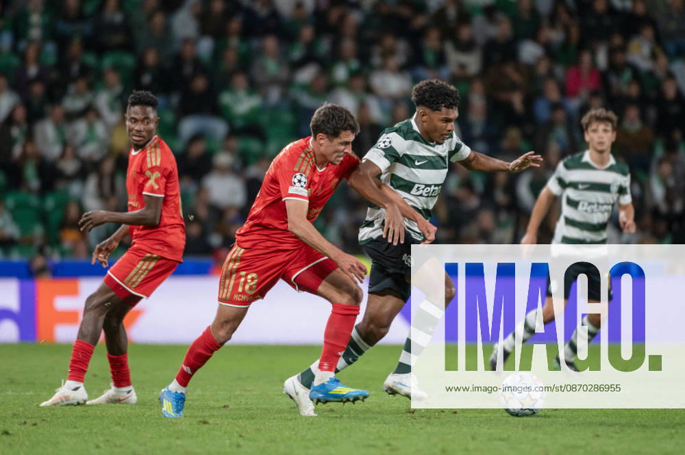 Sporting CP forward LUIS GUILHERME carries the ball under pressure from a LASK opponent during their UEFA Champions League league phase matchday three fixture at Estadio Jose Alvalade in Lisbon, Portugal, on October 21, 2026. Lisbon Portugal - ZUMAr238 20261021_zip_r238_048