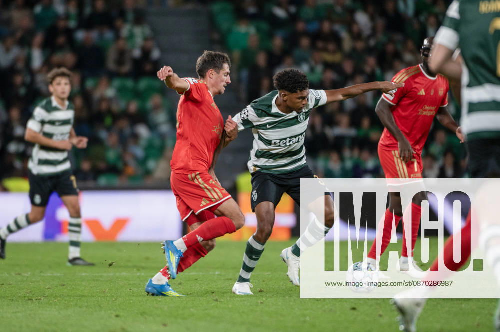 Sporting CP forward LUIS GUILHERME competes for the ball with a LASK opponent during their UEFA Champions League league phase matchday three match at Estadio Jose Alvalade in Lisbon, Portugal, on October 21, 2026. Lisbon Portugal - ZUMAr238 20261021_zip_r238_054