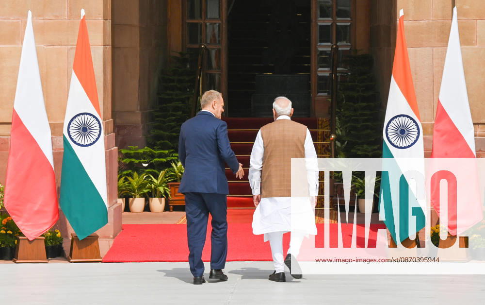Prime Minister Narendra Modi (R) welcomes Prime Minister of Poland, Donald Tusk (L), prior to their delegation-level bilateral meeting and joint press statement at Hyderabad House on October 22, 2026 in New Delhi, India. The high-level meeting marked Polish Prime Minister Tusk s official visit to India from October 21-23, 2026 his first visit to the country as Prime Minister since 2010 aimed at advancing the India-Poland Strategic Partnership and deepening India-EU strategic ties. During wide-ranging discussions, both leaders reviewed bilateral cooperation across key sectors including trade, technology, defense-industrial collaboration, and energy, while reaffirming joint commitment toward peaceful diplomatic