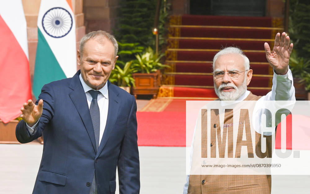 Prime Minister Narendra Modi (R) poses for a photograph with the Prime Minister of Poland, Donald Tusk (L), prior to their delegation-level bilateral meeting and joint press statement at Hyderabad House on October 22, 2026 in New Delhi, India. The high-level meeting marked Polish Prime Minister Tusk s official visit to India from October 21-23, 2026 his first visit to the country as Prime Minister since 2010 aimed at advancing the India-Poland Strategic Partnership and deepening India-EU strategic ties. During wide-ranging discussions, both leaders reviewed bilateral cooperation across key sectors including trade, technology, defense-industrial collaboration, and energy, while reaffirming joint commitment towa