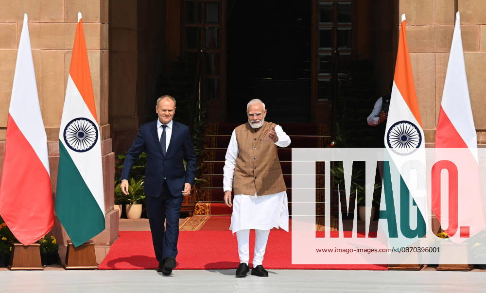Prime Minister Narendra Modi (R) welcomes Prime Minister of Poland, Donald Tusk (L), prior to their delegation-level bilateral meeting and joint press statement at Hyderabad House on October 22, 2026 in New Delhi, India. The high-level meeting marked Polish Prime Minister Tusk s official visit to India from October 21-23, 2026 his first visit to the country as Prime Minister since 2010 aimed at advancing the India-Poland Strategic Partnership and deepening India-EU strategic ties. During wide-ranging discussions, both leaders reviewed bilateral cooperation across key sectors including trade, technology, defense-industrial collaboration, and energy, while reaffirming joint commitment toward peaceful diplomatic