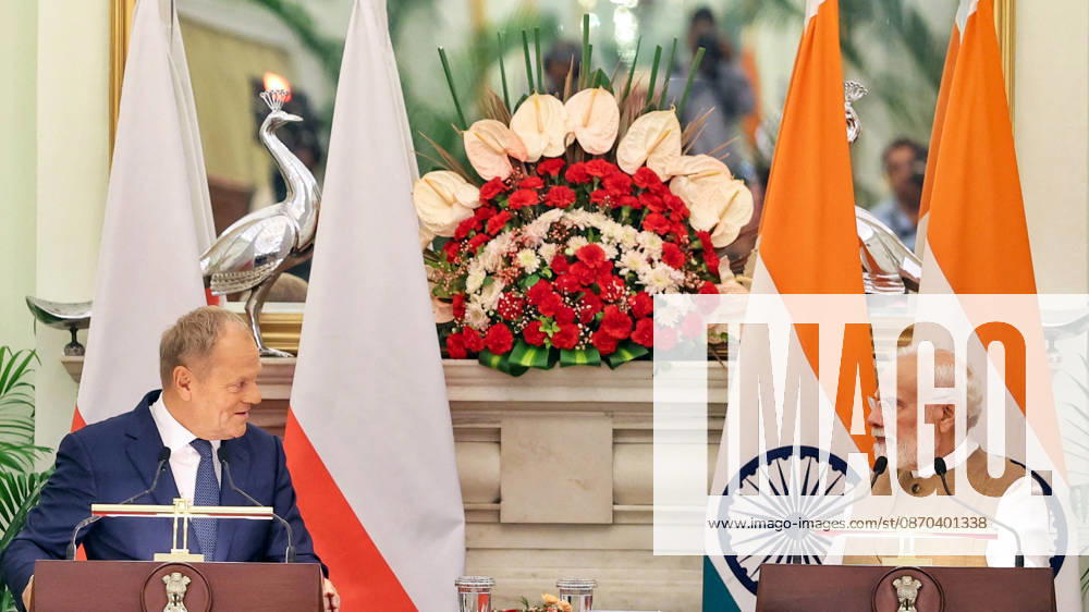 Press Statements by the Prime Ministers of India and Poland New Delhi, Oct 22 (ANI): Prime Minister Narendra Modi and Polish Prime Minister Donald Tusk interact during the Joint Press Statement at Hyderabad House, in New Delhi on Thursday. (DPR PMO ANI Photo) New Delhi Delhi India