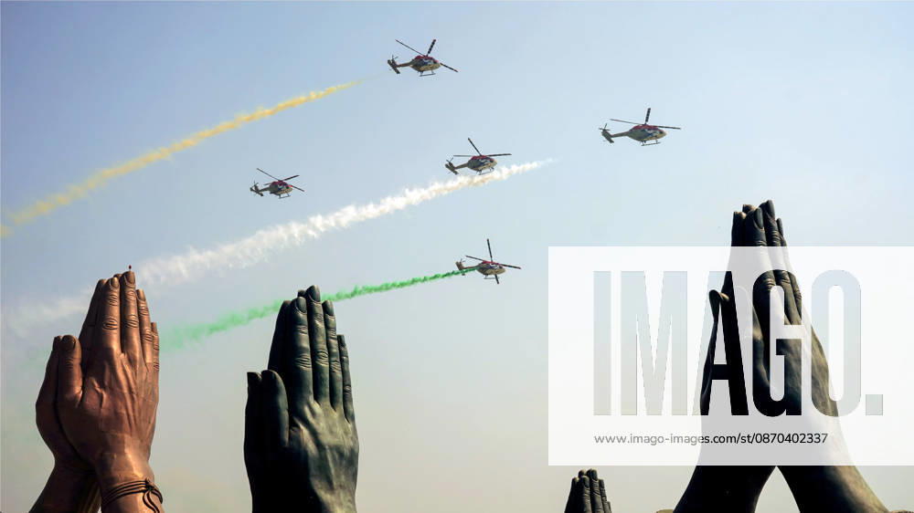 IAF Grand Air Show Wings Over Ganga at Namo Ghat Varanasi, Oct 21 (ANI): Indian Air Force helicopters fly in formation during the IAF Grand Air Show Wings Over Ganga at Namo Ghat, in Varanasi on Wednesday. Varanasi Uttar Pradesh India