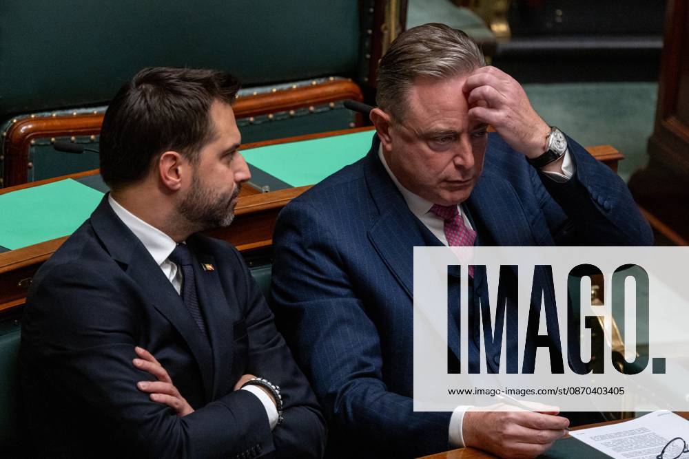 MR s Georges-Louis Bouchez and Prime Minister Bart De Wever pictured during a plenary session of the Chamber at the federal parliament in Brussels, Thursday 22 October 2026. NICOLASxMAETERLINCK 190672374