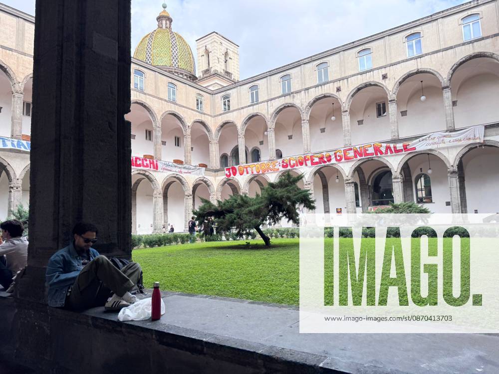 NAPLES, ITALY OCTOBER 22, 2026: Students of the Collettivo autorganizzato universitario (CAU, the Self-Organised University Collective), together with Ecologia Politica Napoli (Ecopol), are occupying the Porta di Massa site of the University of Naples Federico II, which they took over on October 21. Francesco, a spokesperson for the collective, said: We are occupying our site against high rents, against the cost of living and for a right to study that is truly possible for everyone. A banner at the entrance presents the occupation as a step towards the October 30 general strike. The occupation came as the university announced that, from October 22 and until further notice, ordinary teaching would mov - ZUMAq101 20261022_zna_q101_100