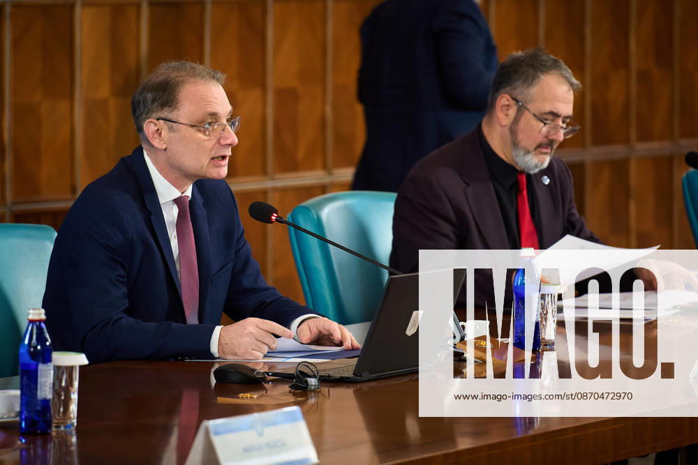 Romanian Government, Cabinet Meeting Bucharest, Romania. 23rd Oct, 2026: Luca Niculescu, Prime Minister of Romania, leads the government meeting at Victoria Palace, the Romanian Government headquarters. Bucharest Romania