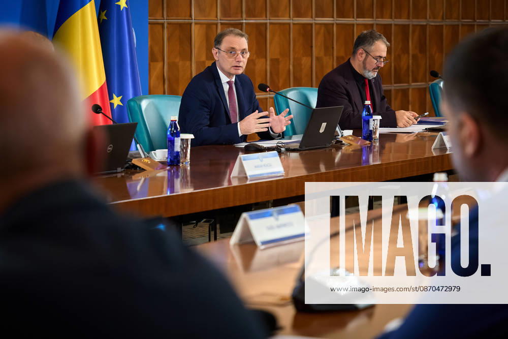 Romanian Government, Cabinet Meeting Bucharest, Romania. 23rd Oct, 2026: Luca Niculescu, Prime Minister of Romania, leads the government meeting at Victoria Palace, the Romanian Government headquarters. Bucharest Romania