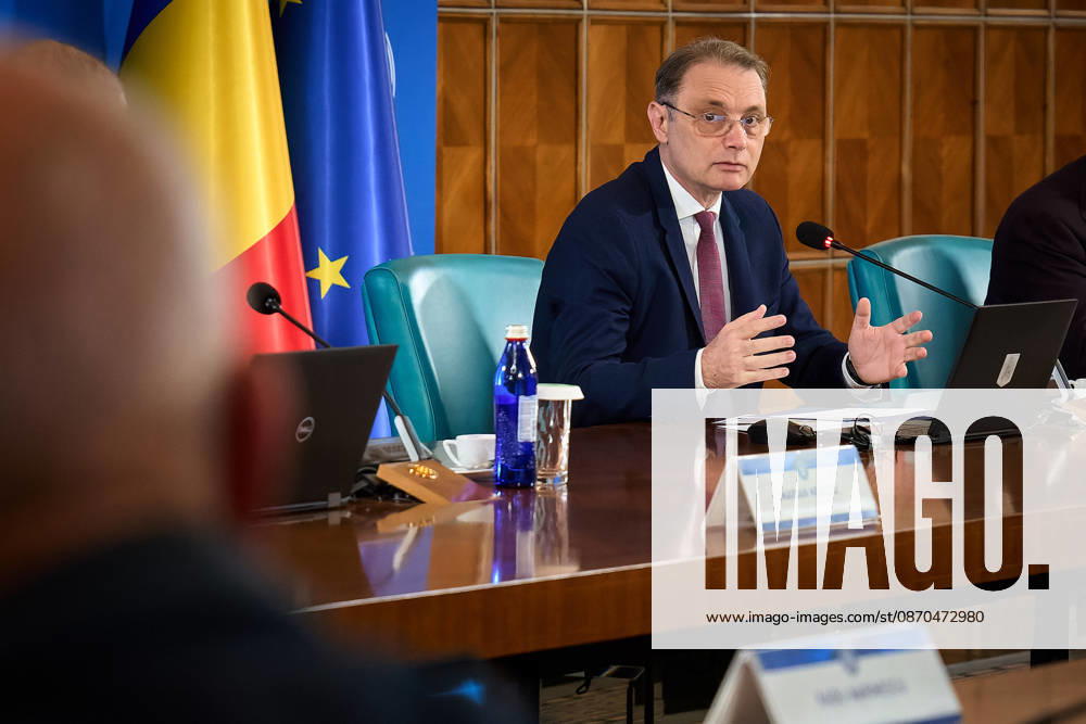 Romanian Government, Cabinet Meeting Bucharest, Romania. 23rd Oct, 2026: Luca Niculescu, Prime Minister of Romania, leads the government meeting at Victoria Palace, the Romanian Government headquarters. Bucharest Romania