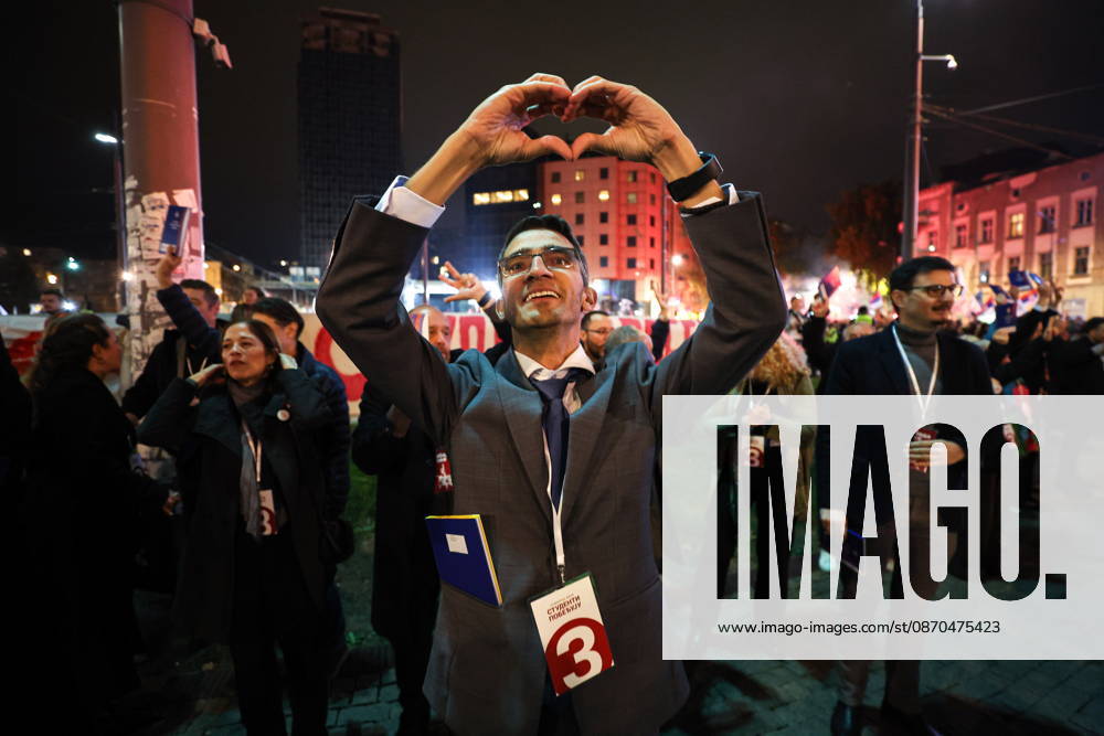 SERBIA, BELGRADE - OCTOBER 22, 2026: A man makes a hand heart during a rally held by the Student List movement ahead of the 2026 Serbian parliamentary election scheduled for October 25. Alexander Ryumin TASS 99800655