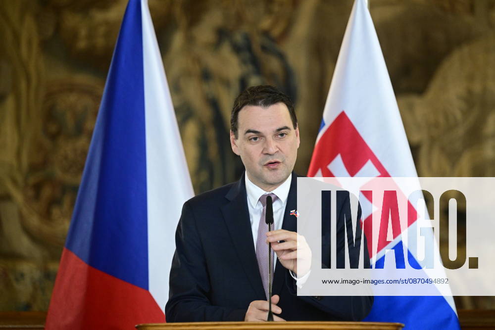 The press conference after meeting of Czech Foreign Affair Minister Petr Macinka, pictured, and his Slovak counterpart Juraj Blanar, on preparations for joint session of the two governments and further development of Czech-Slovak relations, in Prague, Czech Republic, on October 23, 2026. (CTKxPhoto RomanxVondrous) CTKPhotoP2026102304345 CTKPhotoP2026102304345