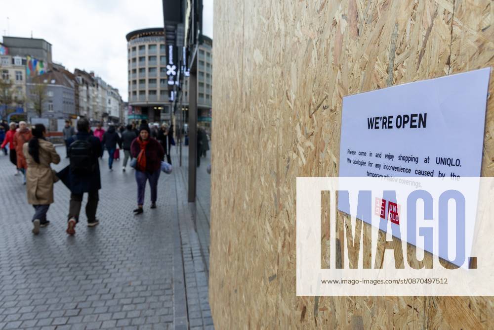 Storefronts boarded up with wooden panels at Rue Neuve Nieuwstraat, in Brussels, on Friday 23 October 2026. Stores are preparing for another protest scheduled for Saturday. NICOLASxMAETERLINCK 190739544