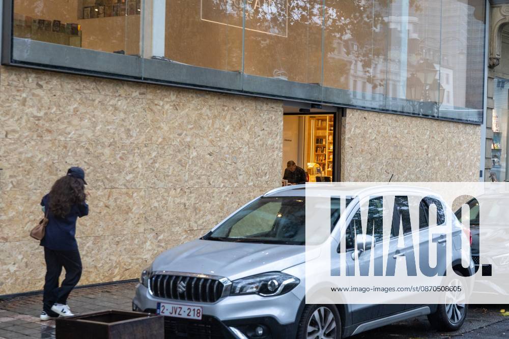 Storefronts boarded up with wooden panels, in Brussels, on Friday 23 October 2026. Stores are preparing for another protest scheduled for Saturday. NICOLASxMAETERLINCK 190744618