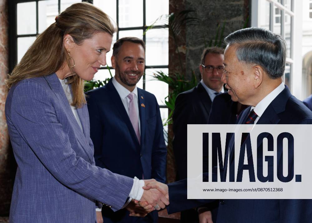 Minister of Justice Annelies Verlinden; Vice-prime minister and Minister of Foreign Affairs Maxime Prevot; Belgian Prime Minister Bart De Wever and Vietnam President To Lam pictured ahead of a meeting at the Egmont Palace, in Brussels, on Friday 23 October 2026. The President of Vietnam and his wife visit Belgium from 21 to 24 October. BENOITxDOPPAGNE 190744698