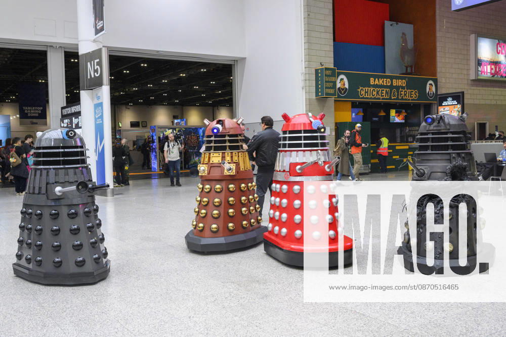 London, UK. Dr Who Darleks attend the London MCM Comic Con held at the Excel venue. The event is the UK s largest pop culture fan convention, celebrating comic books, movies, TV shows, anime, manga, video games, sci-fi, and fantasy. London UK - ZUMAl94_ 20261023_zaf_l94_096