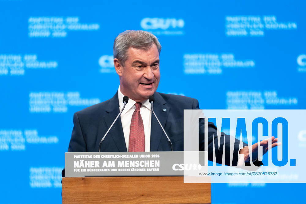 Parteitag 2026 der Partei CSU (Christlich-Soziale-Union) in der Messe München. Ministerpräsident Dr. Markus Söder hält eine Rede auf der Bühne