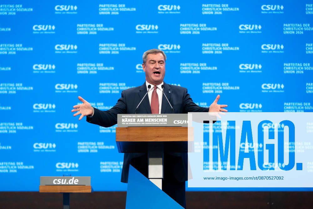 Parteitag 2026 der Partei CSU (Christlich-Soziale-Union) in der Messe München. Ministerpräsident Dr. Markus Söder hält eine Rede auf der Bühne