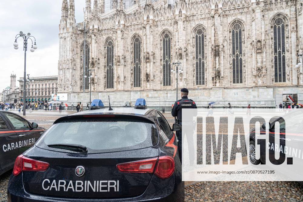 IPA90074263 - Milan, 10 26 23. The city center is preparing for tomorrows heavily secured Saturday ahead of the march. From police and Carabinieri checkpoints at the Duomo to storefronts reinforced with panels to prevent break-ins on Via Torino.
